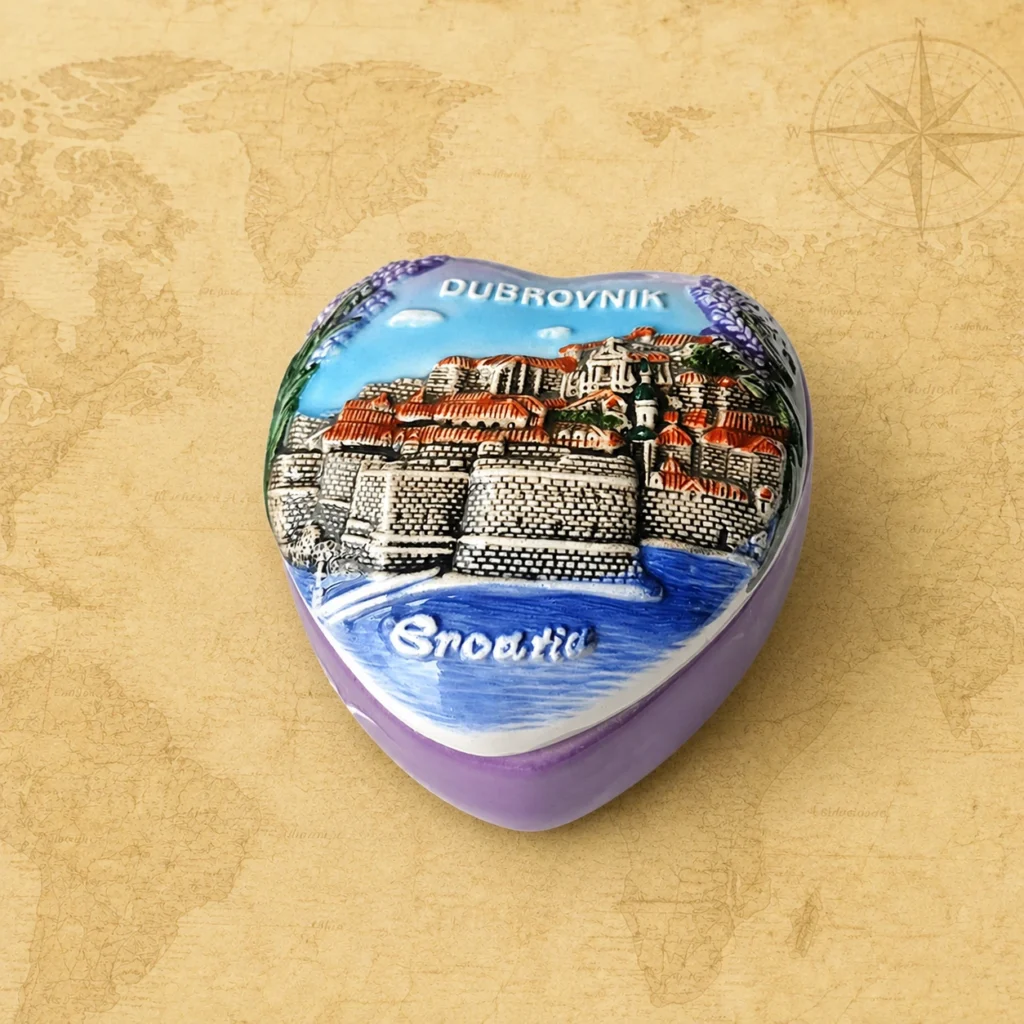 Ceramic souvenir jewelry box featuring Dubrovnik, Croatia historic coastal city theme