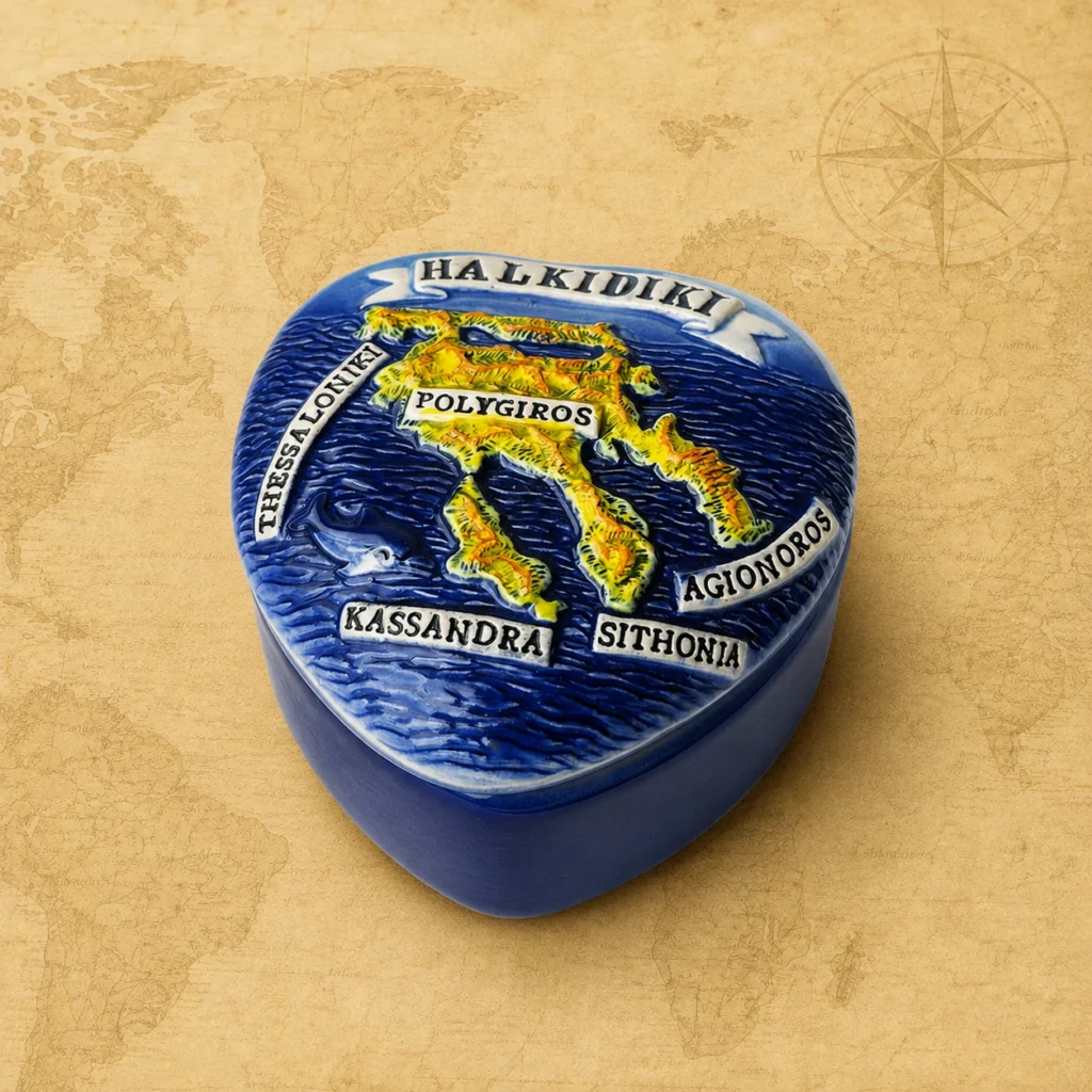 Ceramic souvenir jewelry box featuring Halkidiki, Greece coastal travel theme