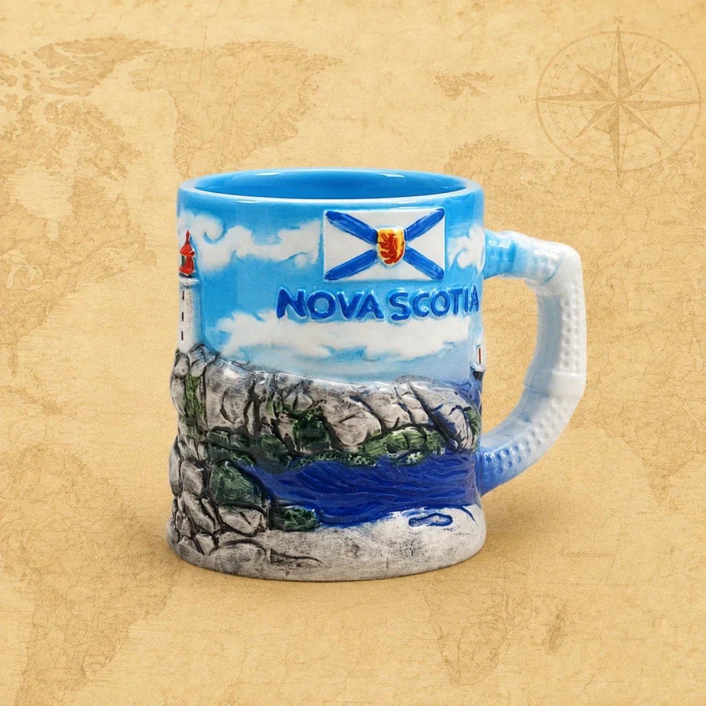 Ceramic souvenir mug featuring Nova Scotia, Canada coastal travel theme