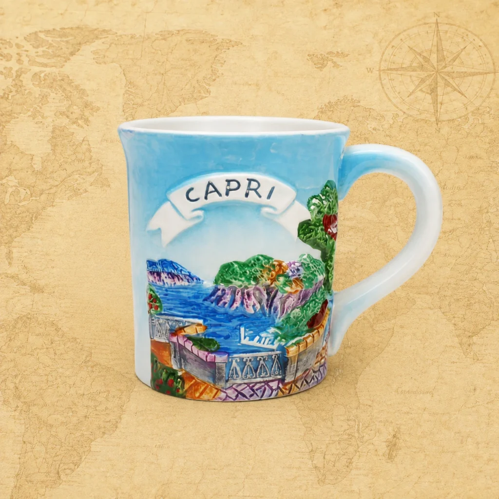 Ceramic souvenir mug featuring Capri, Italy island travel theme