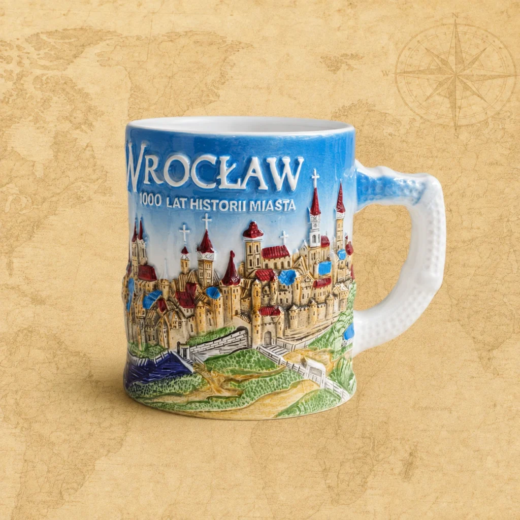 Ceramic souvenir mug featuring Wroclaw, Poland city landmark theme