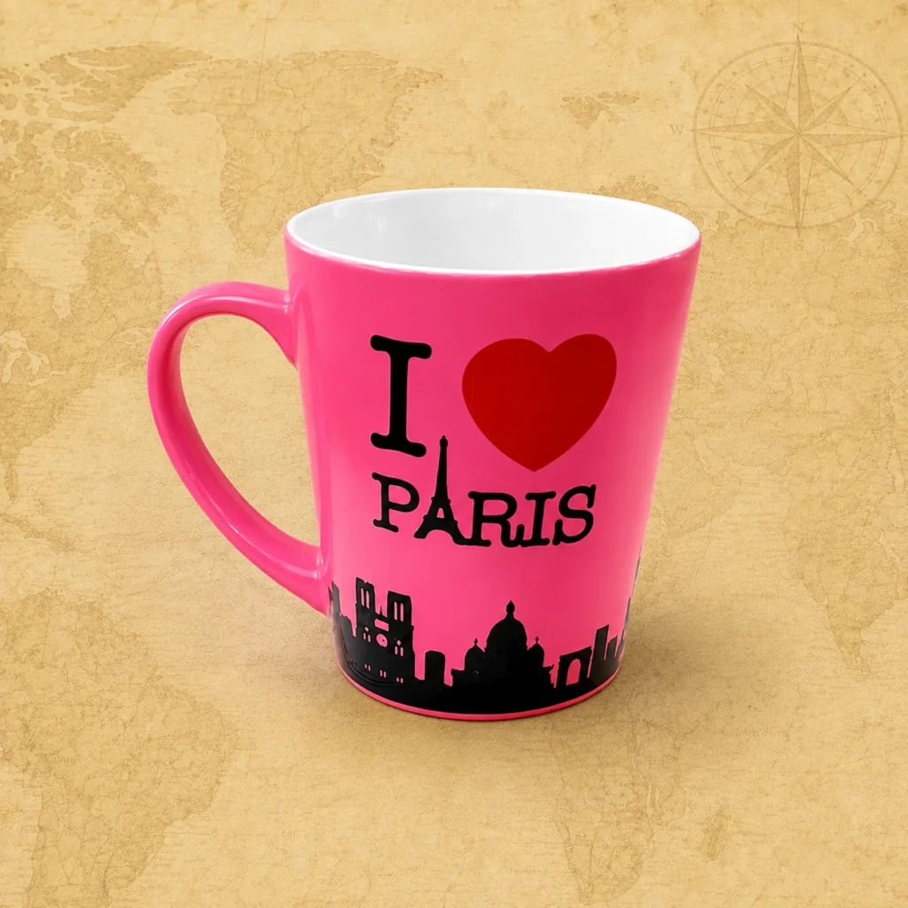 Ceramic souvenir mug featuring Paris, France city landmark theme
