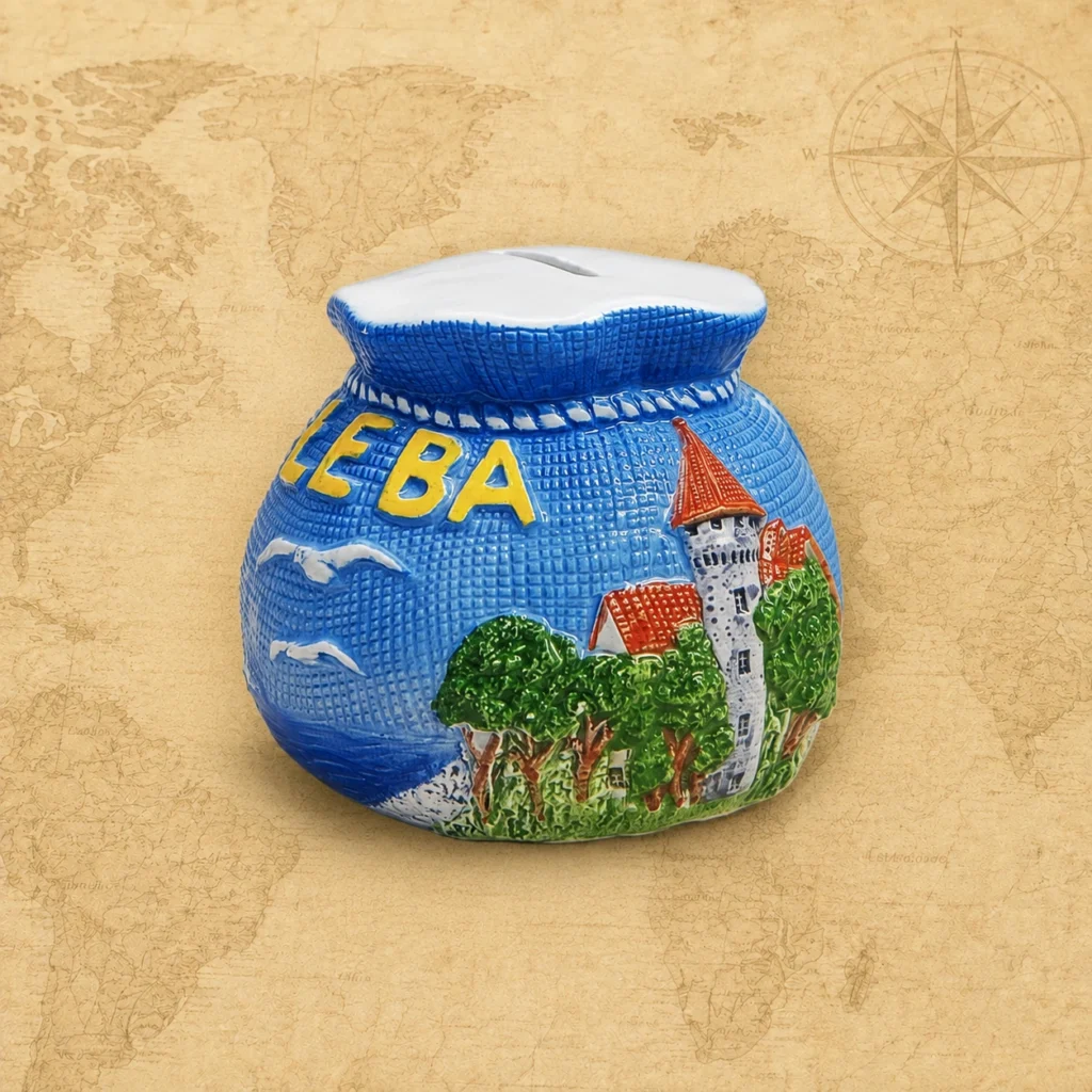 Ceramic souvenir piggy bank featuring Leba, Poland Baltic seaside theme