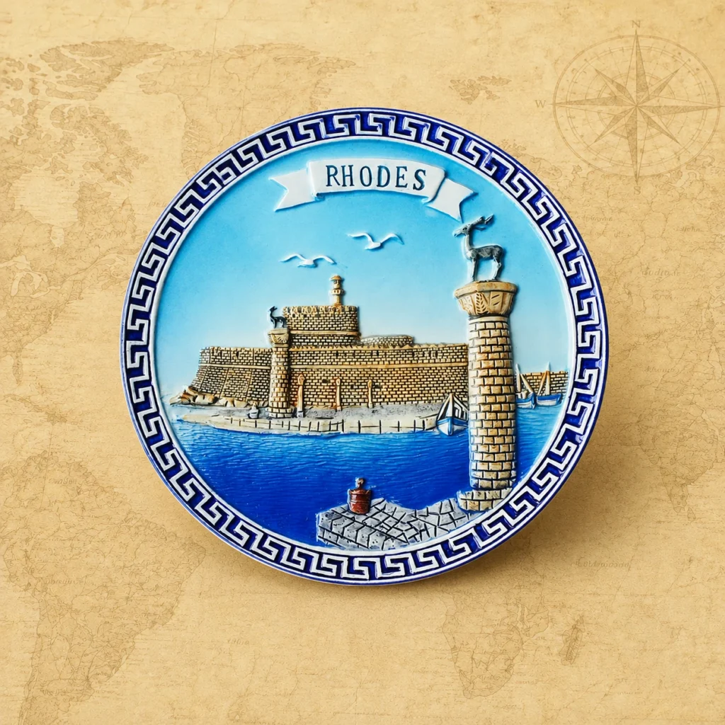Ceramic souvenir plate featuring Rhodes, Greece island landmark theme