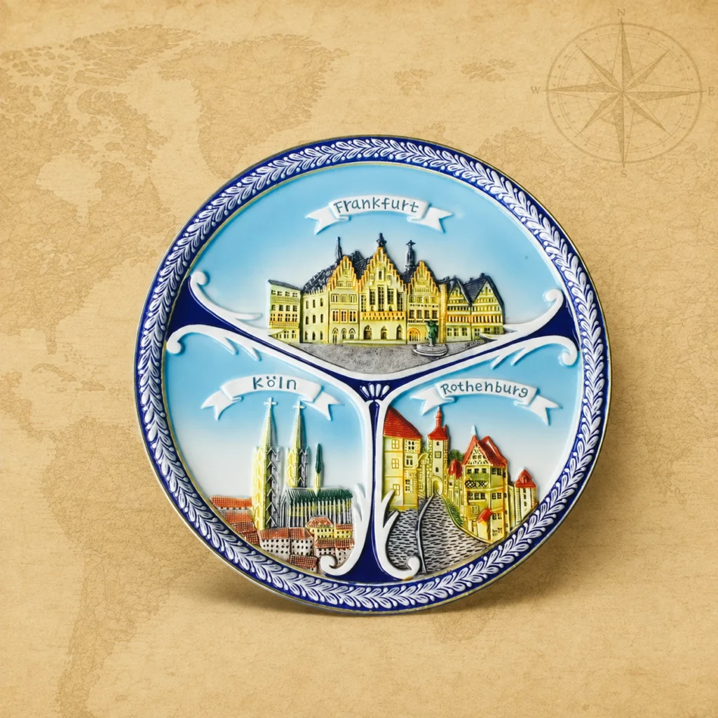 Ceramic souvenir plate featuring Cologne and Frankfurt, Germany landmark theme