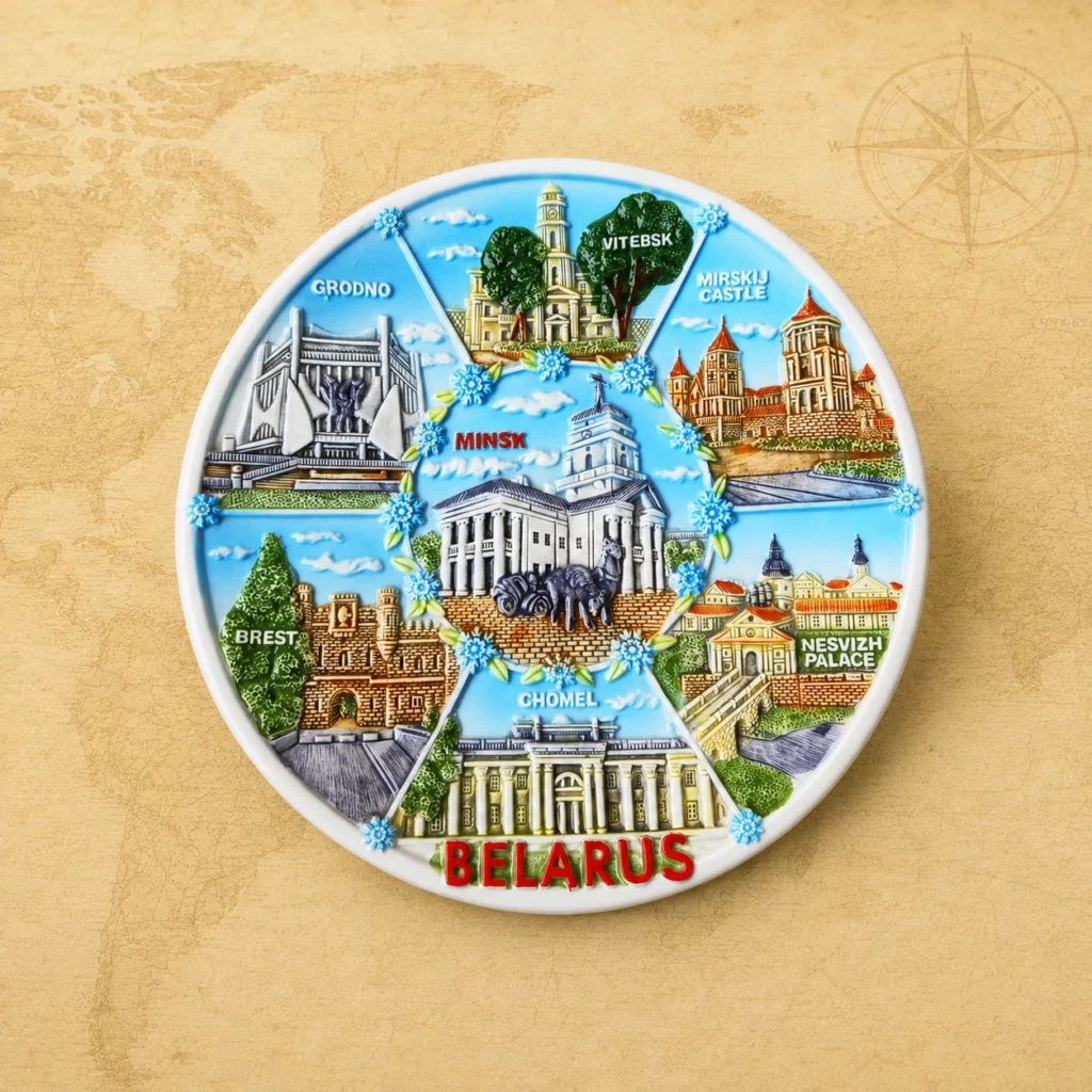 Ceramic souvenir plate featuring Minsk, Belarus city landmark theme