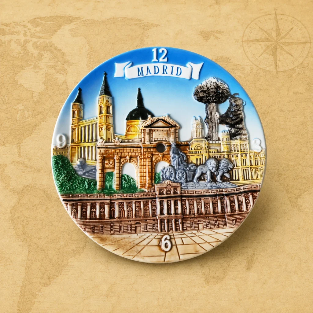 Ceramic souvenir plate featuring Madrid, Spain city landmark theme