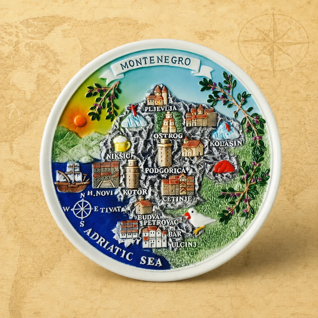 Ceramic souvenir plate featuring Montenegro destination landmark theme