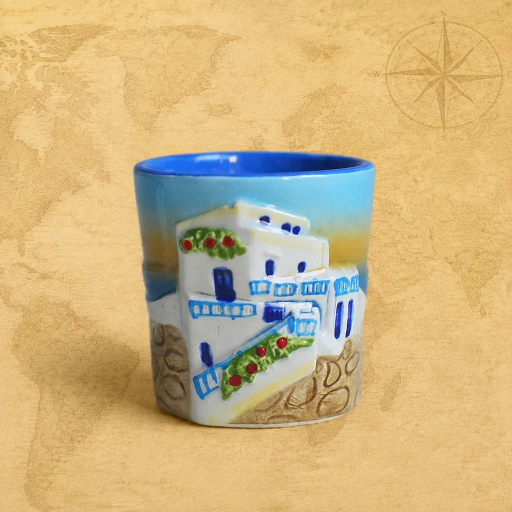 Ceramic souvenir shot glass featuring Aegean Sea and Greece relief travel design 1