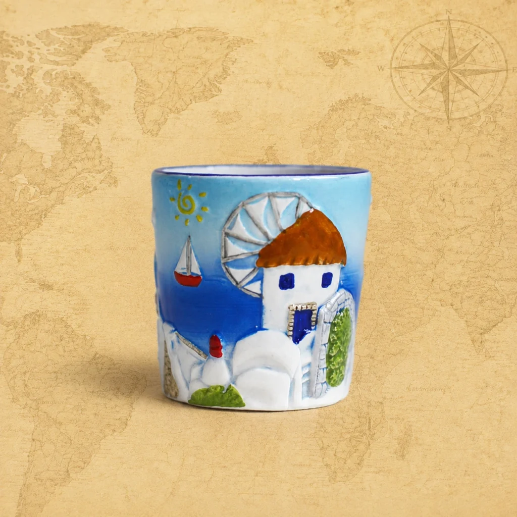 Ceramic souvenir shot glass featuring Aegean Sea and Greece relief travel design 2