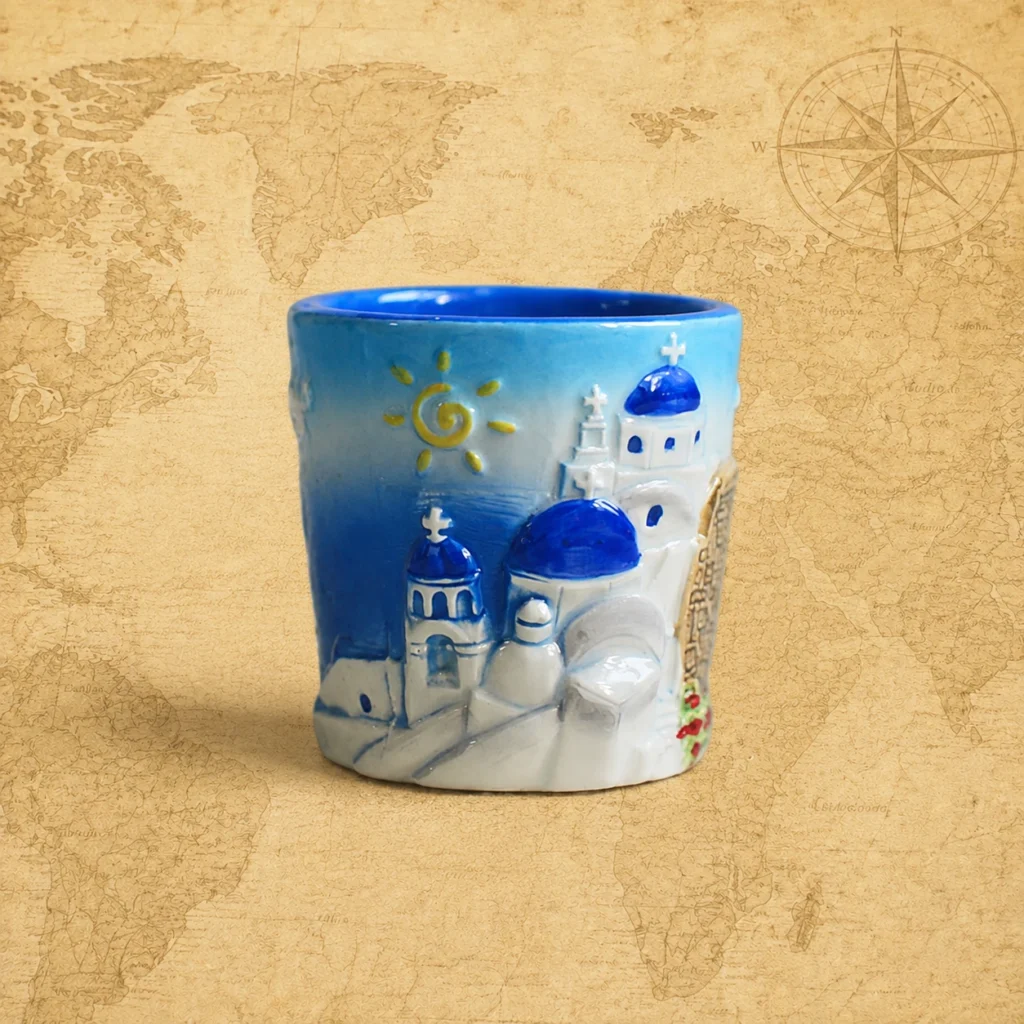 Ceramic souvenir shot glass featuring Aegean Sea and Greece relief travel design 3