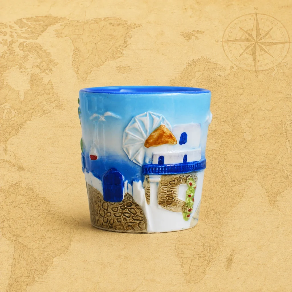Ceramic souvenir shot glass featuring Aegean Sea and Greece relief travel design 4
