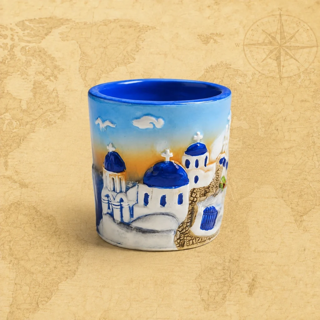 Ceramic souvenir shot glass featuring Aegean Sea and Greece relief travel design 5