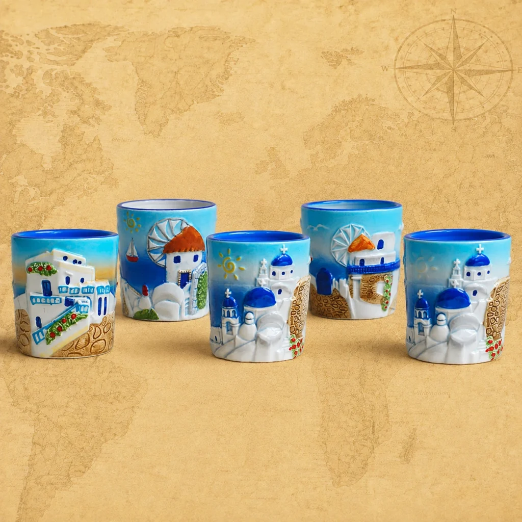Ceramic souvenir shot glass featuring five Aegean Greece designs grouped with the front relief artwork clearly visible