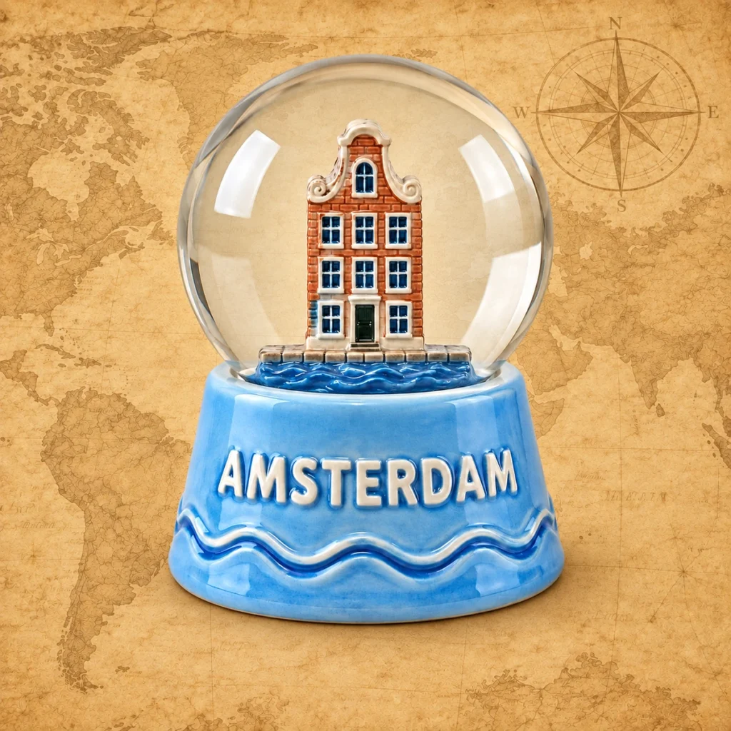 Amsterdam ceramic souvenir snow globe with canal house and blue glazed base on an antique world map