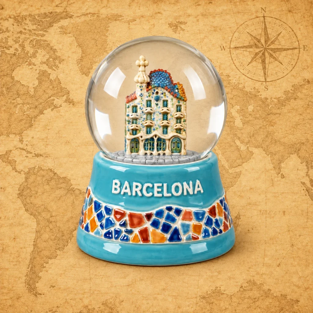 Barcelona ceramic souvenir snow globe with mosaic landmark and turquoise glazed base on an antique world map