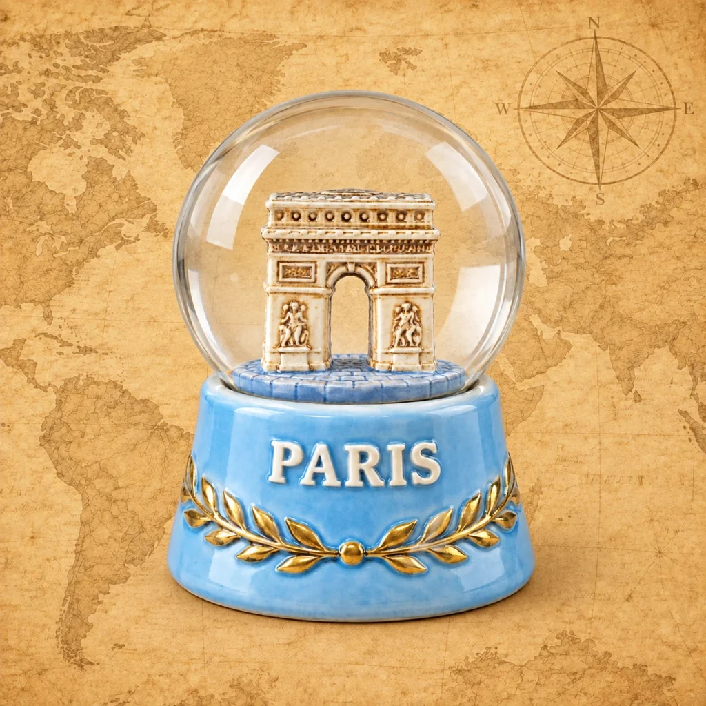 Paris ceramic souvenir snow globe with Arc de Triomphe and blue glazed base on an antique world map