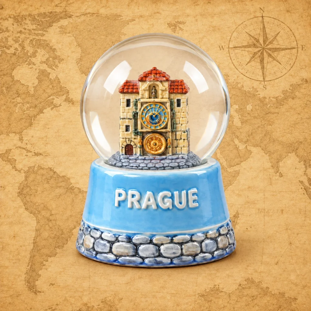 Prague ceramic souvenir snow globe with astronomical clock tower and blue glazed base on an antique world map