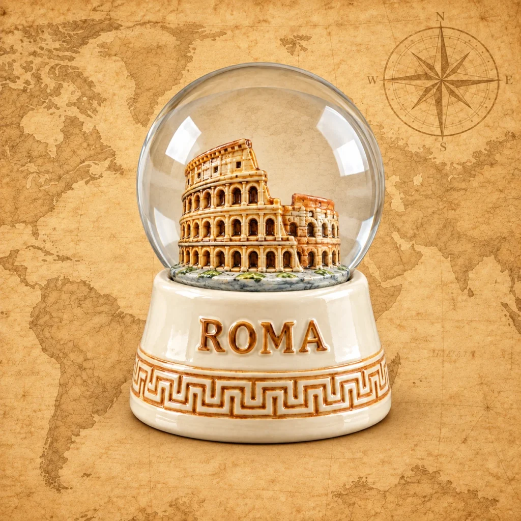 Rome ceramic souvenir snow globe with Colosseum and cream glazed base on an antique world map
