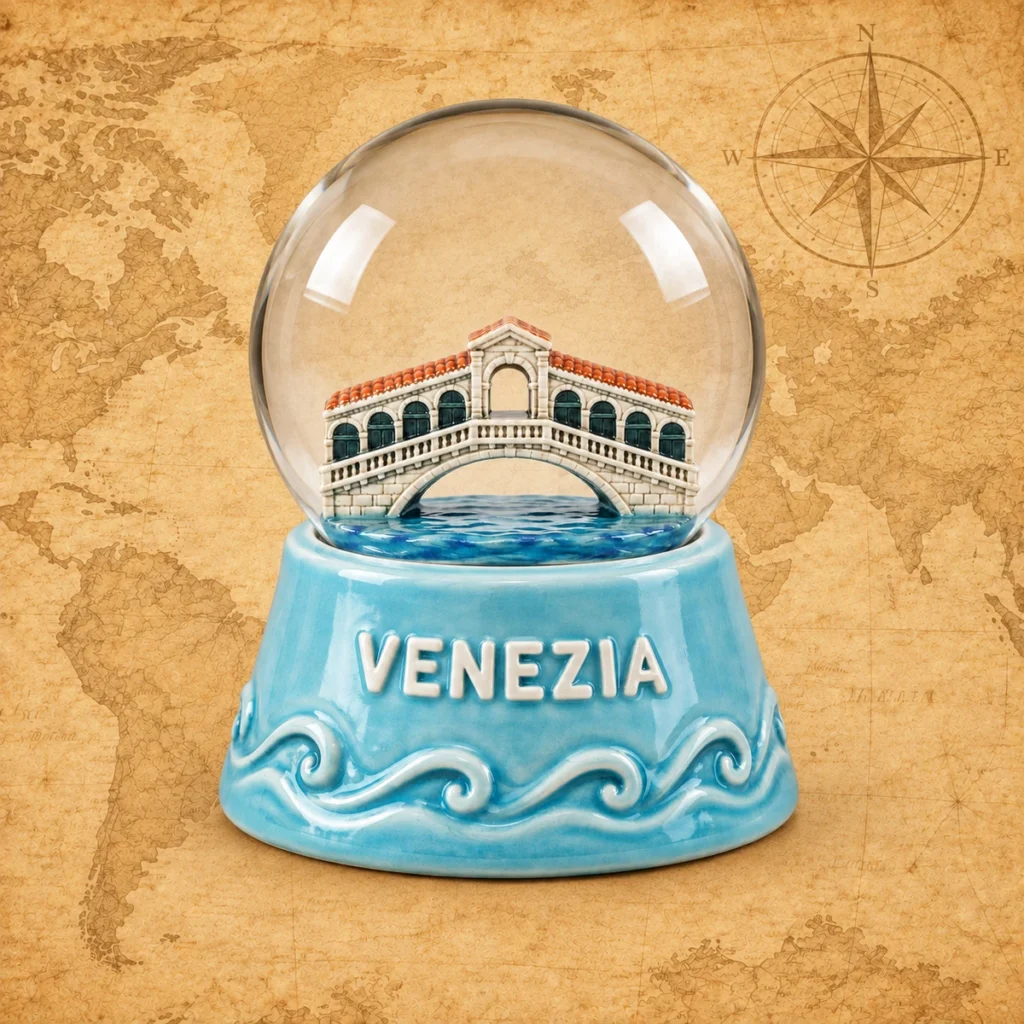 Venice ceramic souvenir snow globe with Rialto Bridge and turquoise glazed base on an antique world map