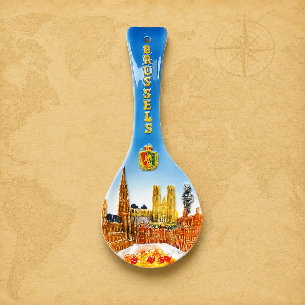 Ceramic souvenir spoon featuring Brussels, Belgium city landmark theme