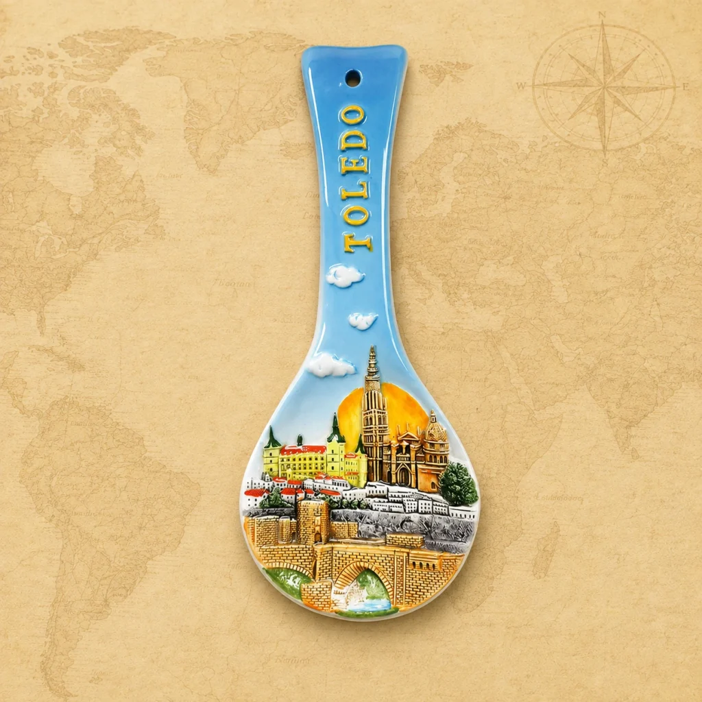 Ceramic souvenir spoon featuring Toledo, Spain historic city theme