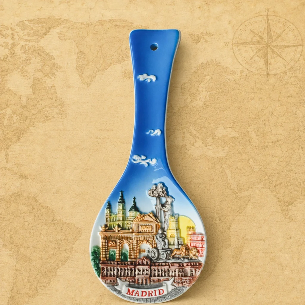 Ceramic souvenir spoon featuring Madrid, Spain city landmark theme