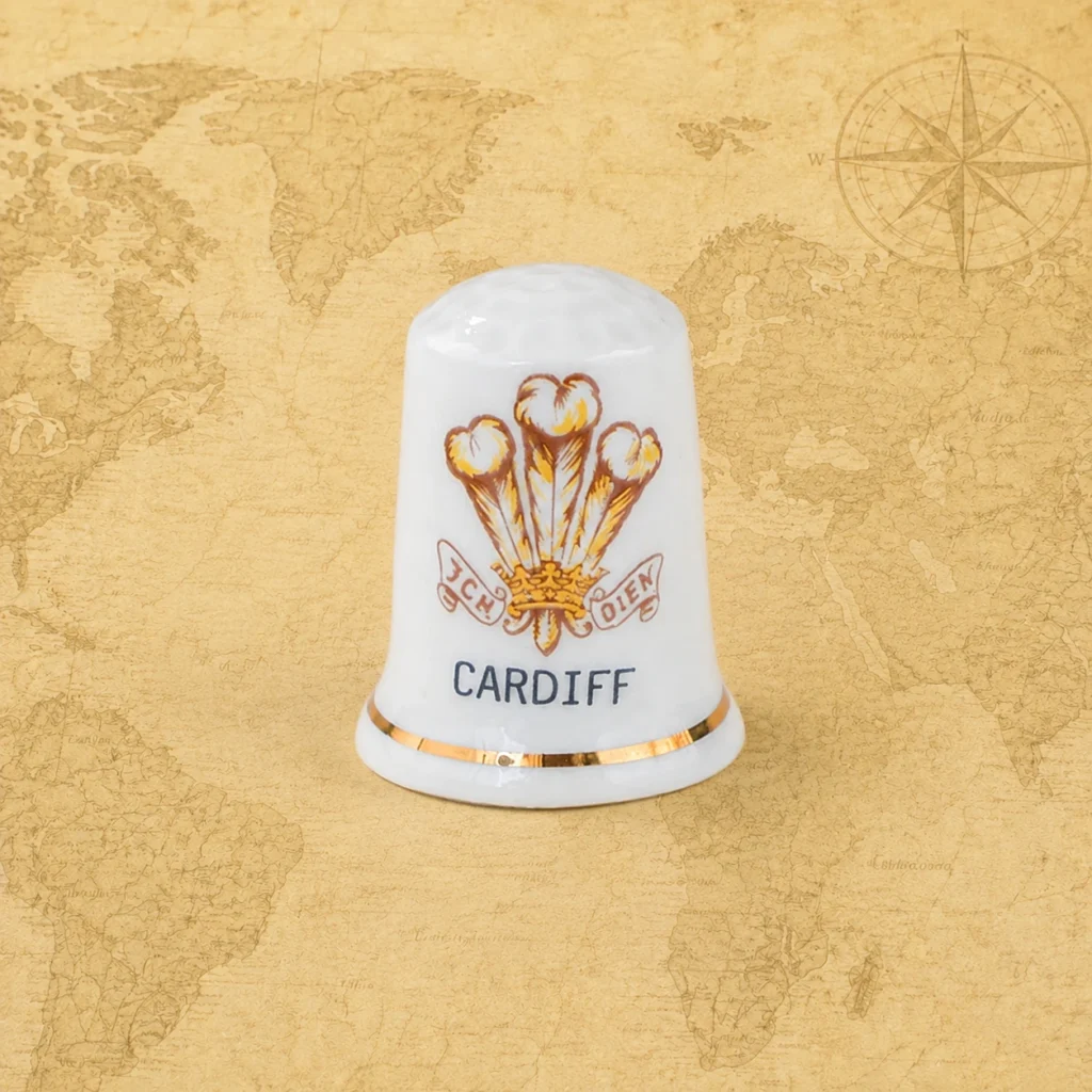 Ceramic souvenir thimble featuring Cardiff, Wales, United Kingdom landmark theme
