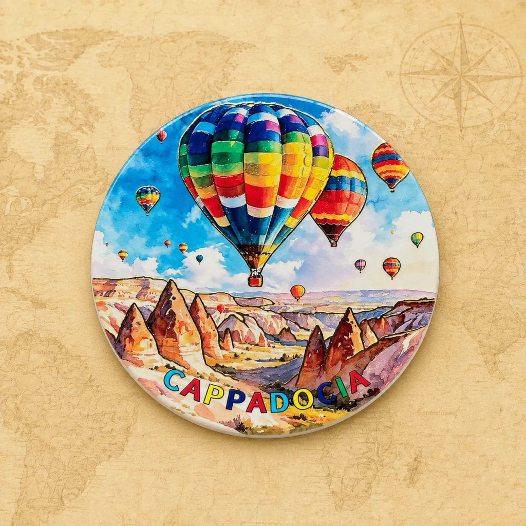 Ceramic souvenir trivet featuring Cappadocia, Turkey hot-air balloons and fairy chimneys