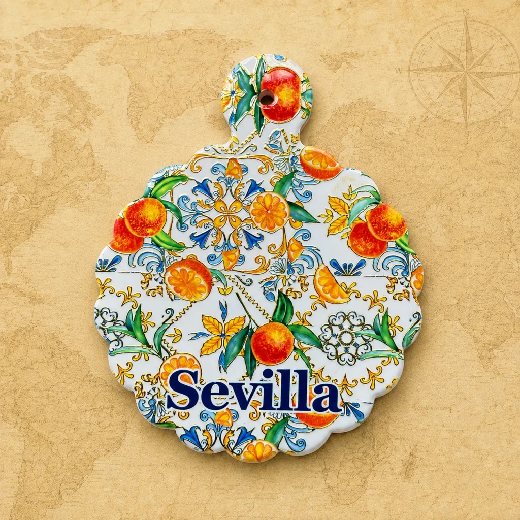 Ceramic souvenir trivet featuring Seville, Spain orange and tile theme