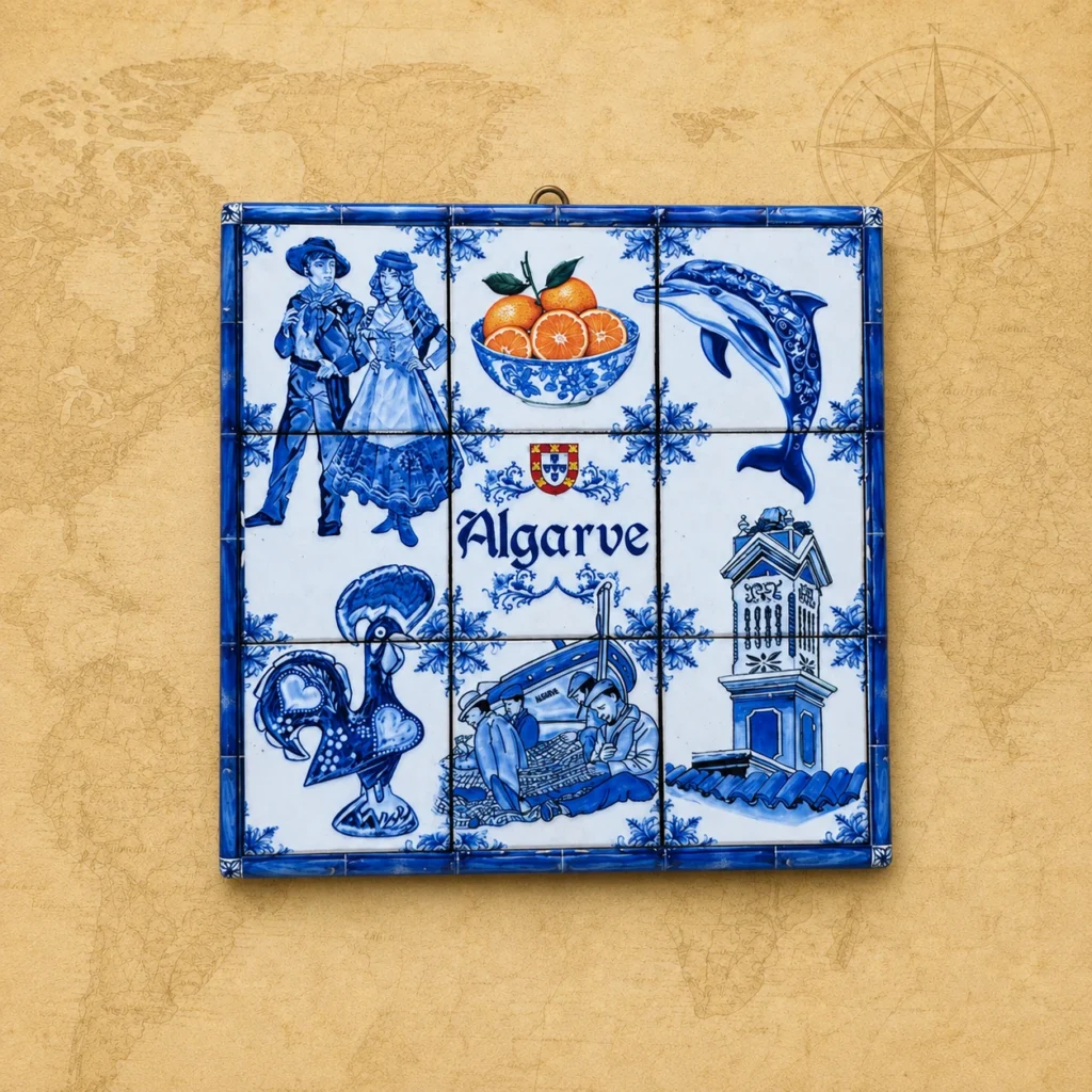 Ceramic souvenir trivet featuring Algarve, Portugal coastal travel theme