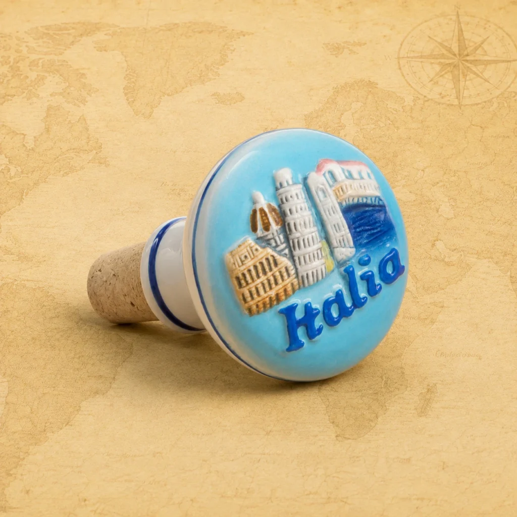 Ceramic souvenir wine stopper featuring Italy landmark collage including the Leaning Tower of Pisa