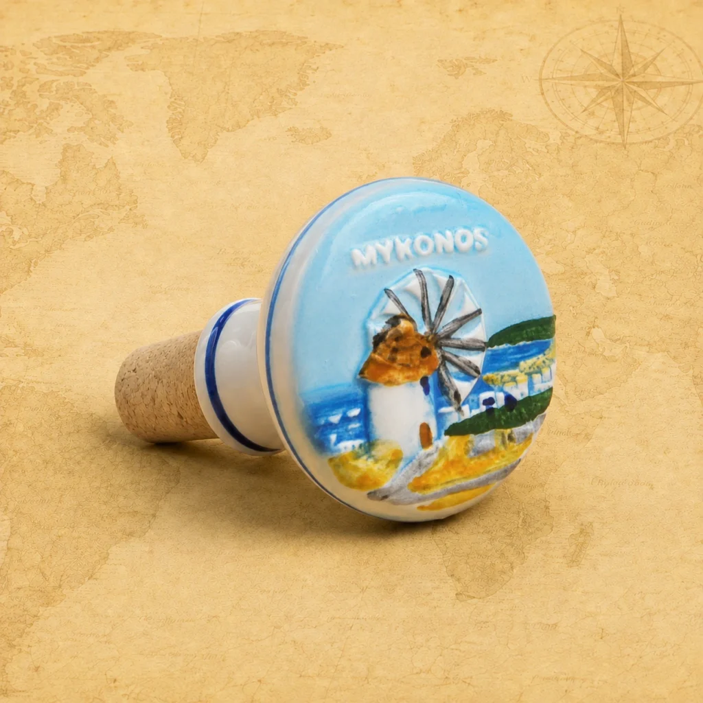 Ceramic souvenir wine stopper featuring Mykonos, Greece windmill and island scene