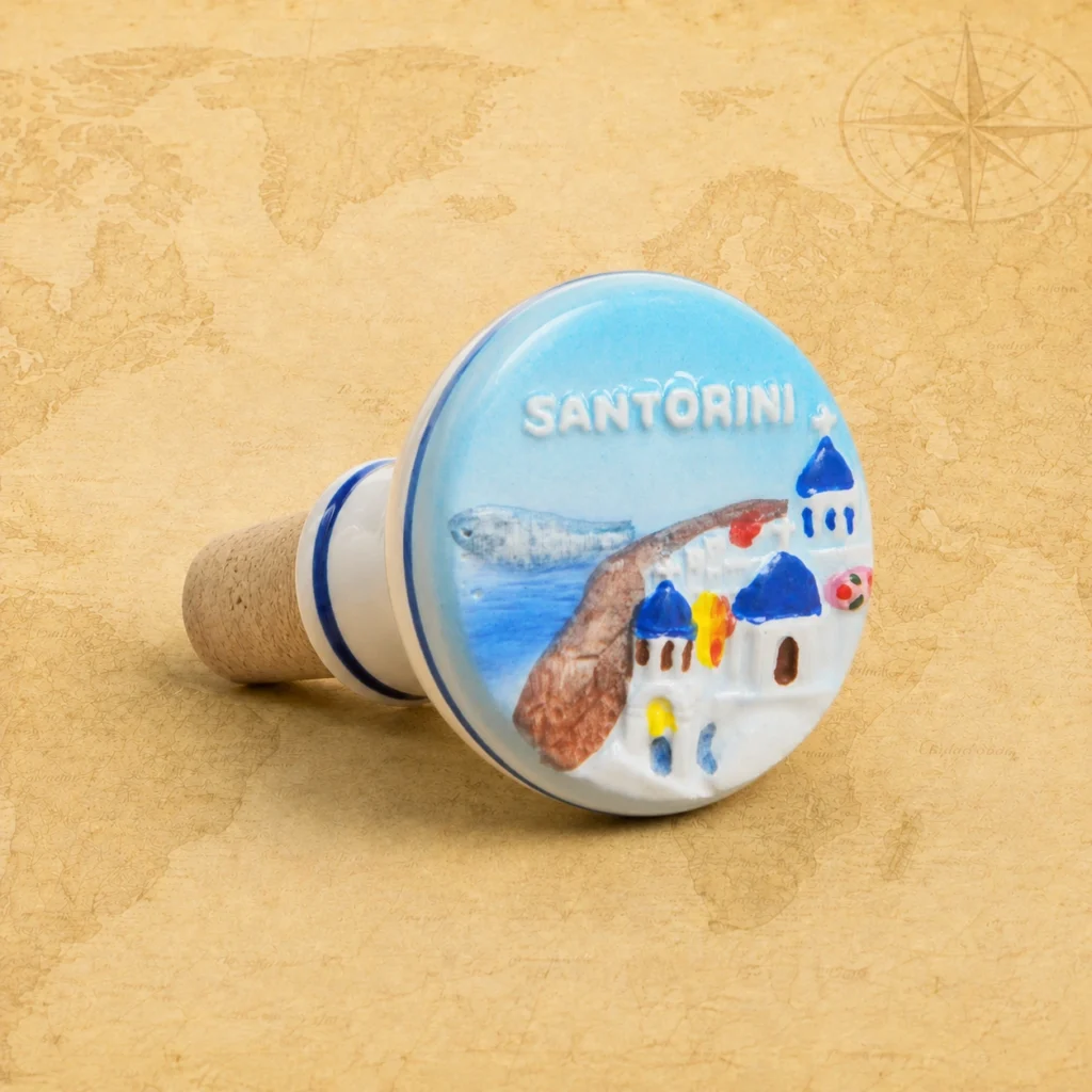 Ceramic souvenir wine stopper featuring Santorini, Greece island village scene