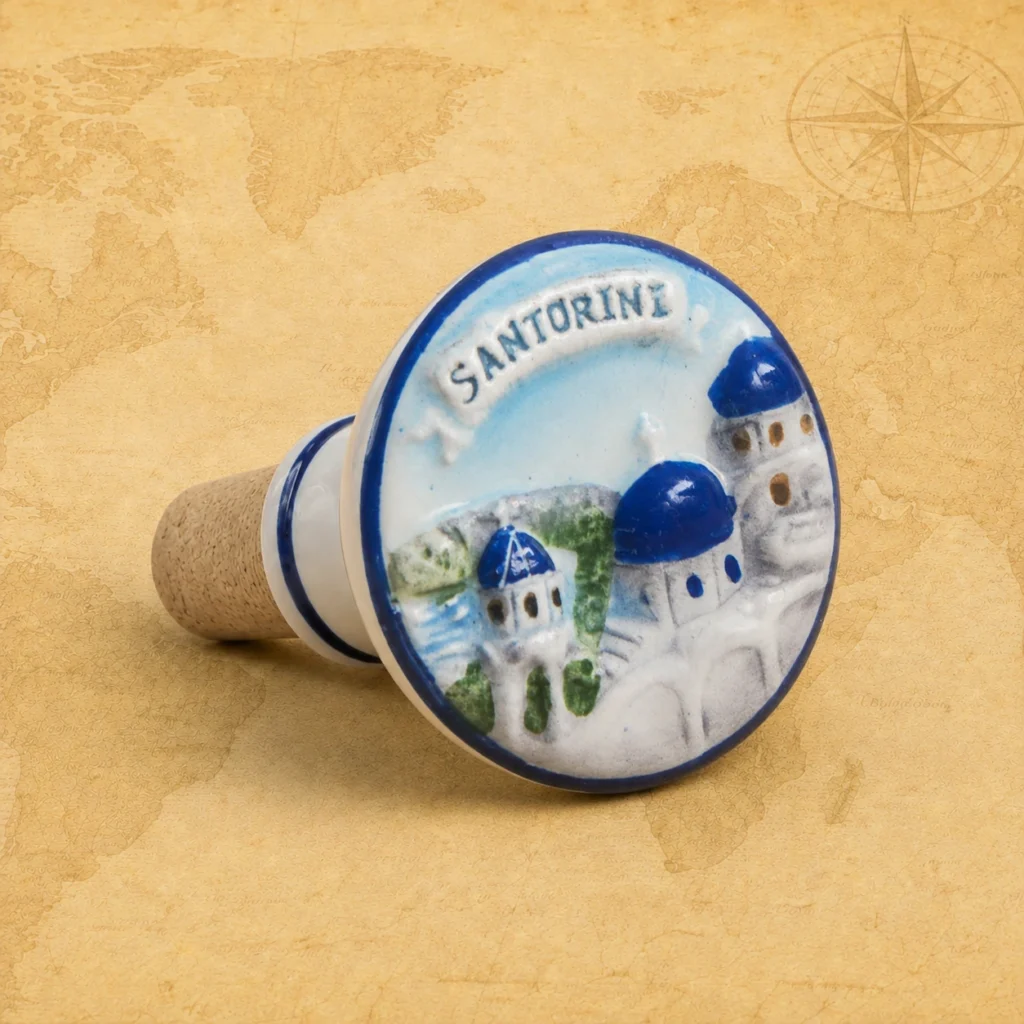 Ceramic souvenir wine stopper featuring Santorini, Greece blue-domed church scene