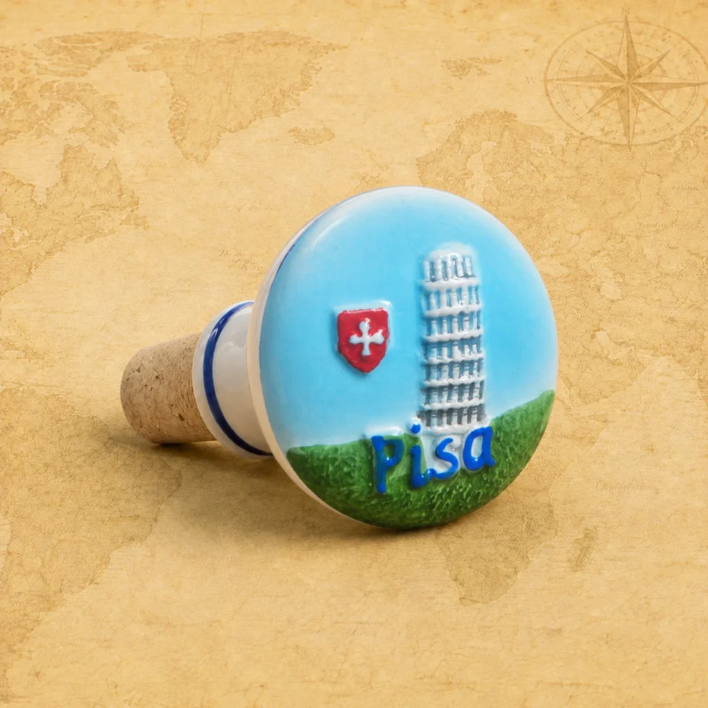 Ceramic souvenir wine stopper featuring Leaning Tower of Pisa in Pisa, Italy