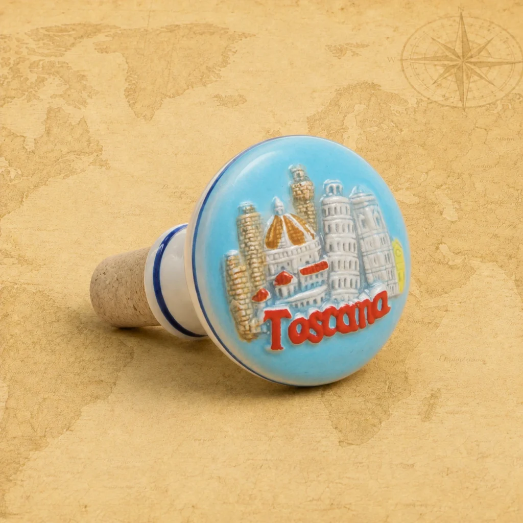 Ceramic souvenir wine stopper featuring Tuscany, Italy landmark and countryside theme