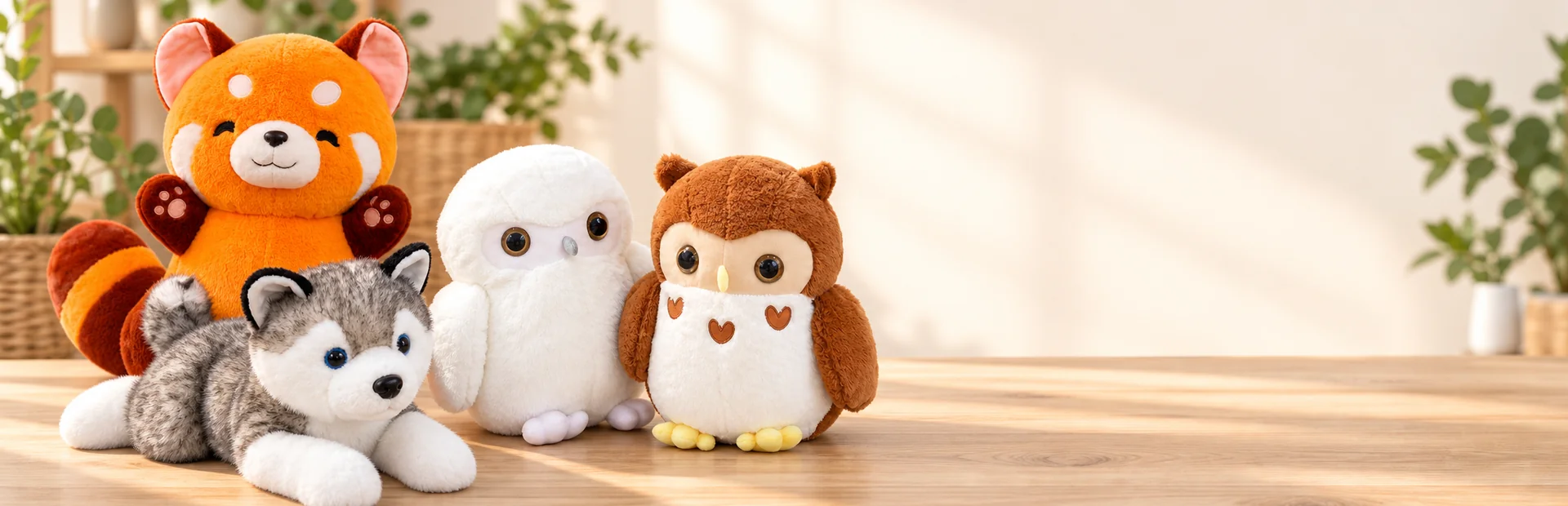 Custom plush red panda husky and owl products in a bright studio