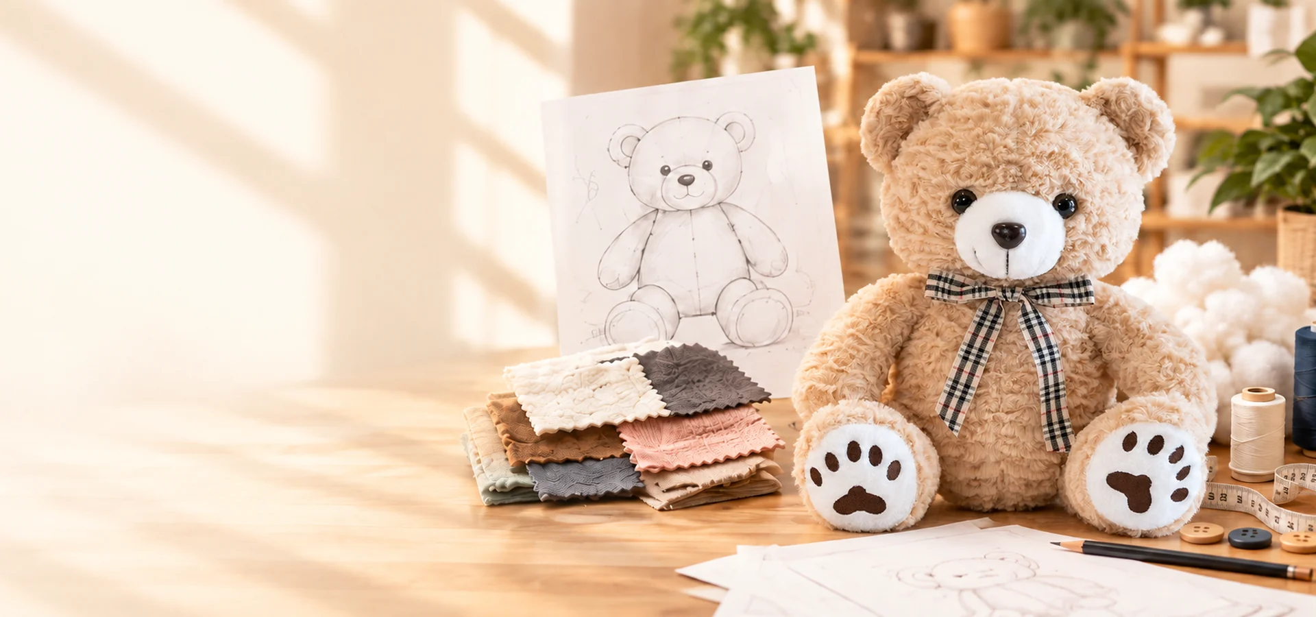 Custom teddy bear development with sketch fabrics and sewing materials
