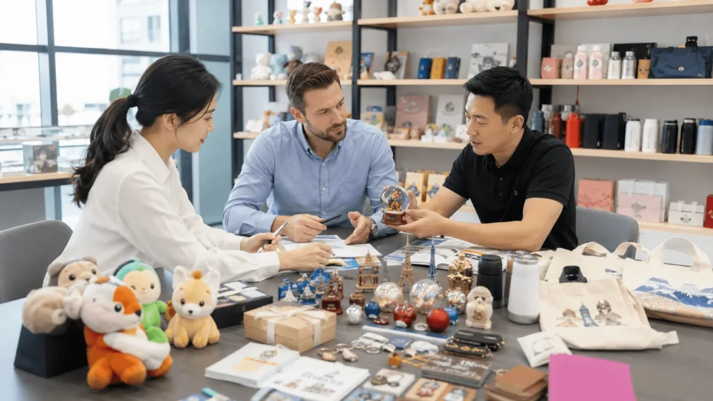 China sourcing partner meeting with custom gift products and buyer discussion