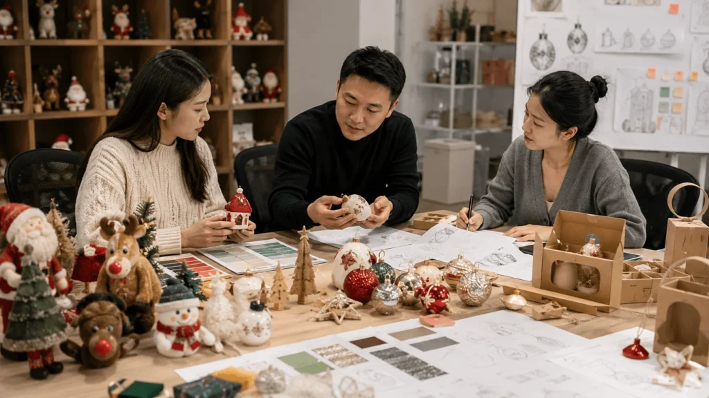 Christmas decoration design meeting with ornament samples sketches and material options