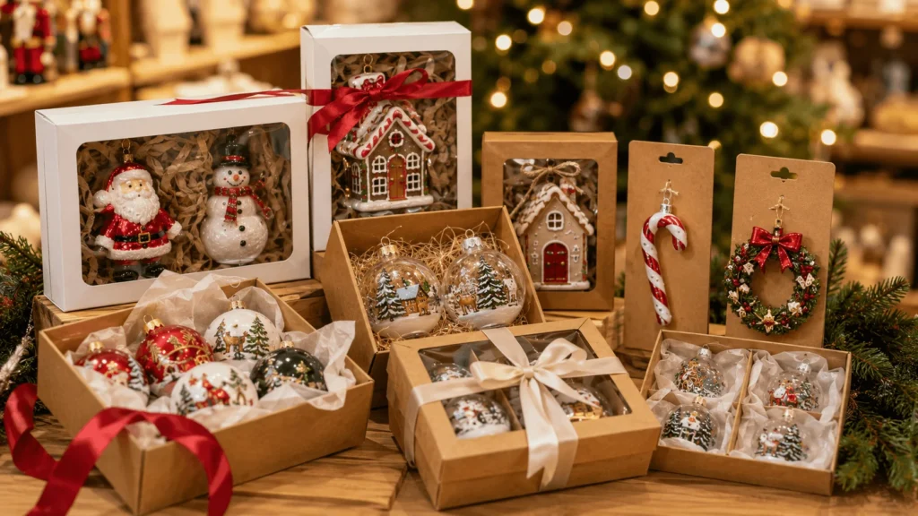 Christmas ornament retail packaging with gift boxes window boxes hang tags and display options