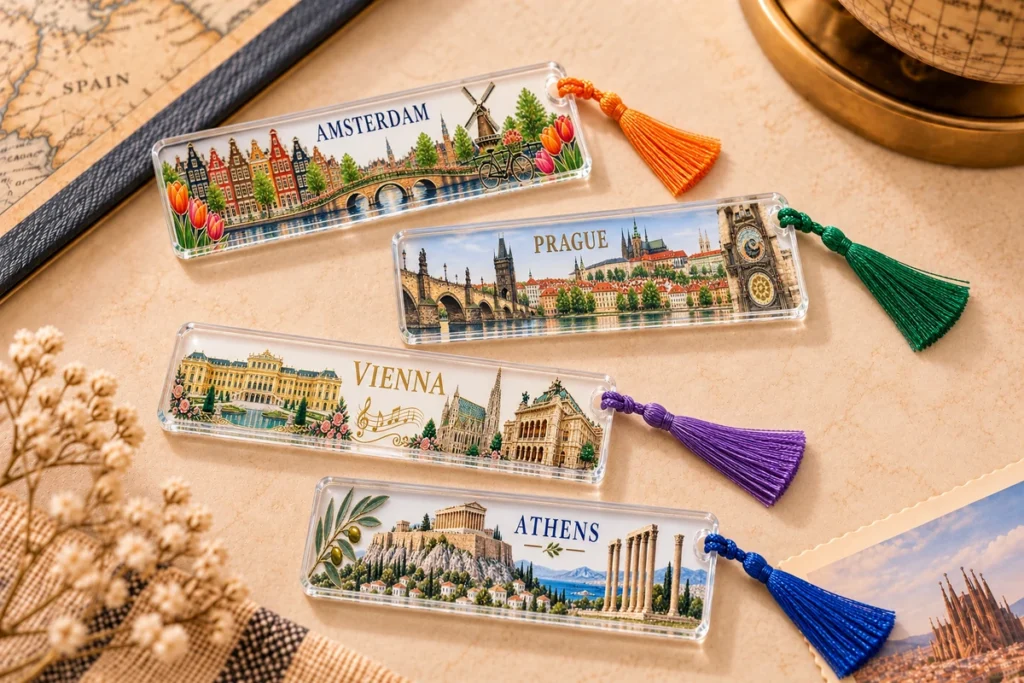 Custom acrylic bookmarks featuring Amsterdam, Prague, Vienna and Athens with colored tassels