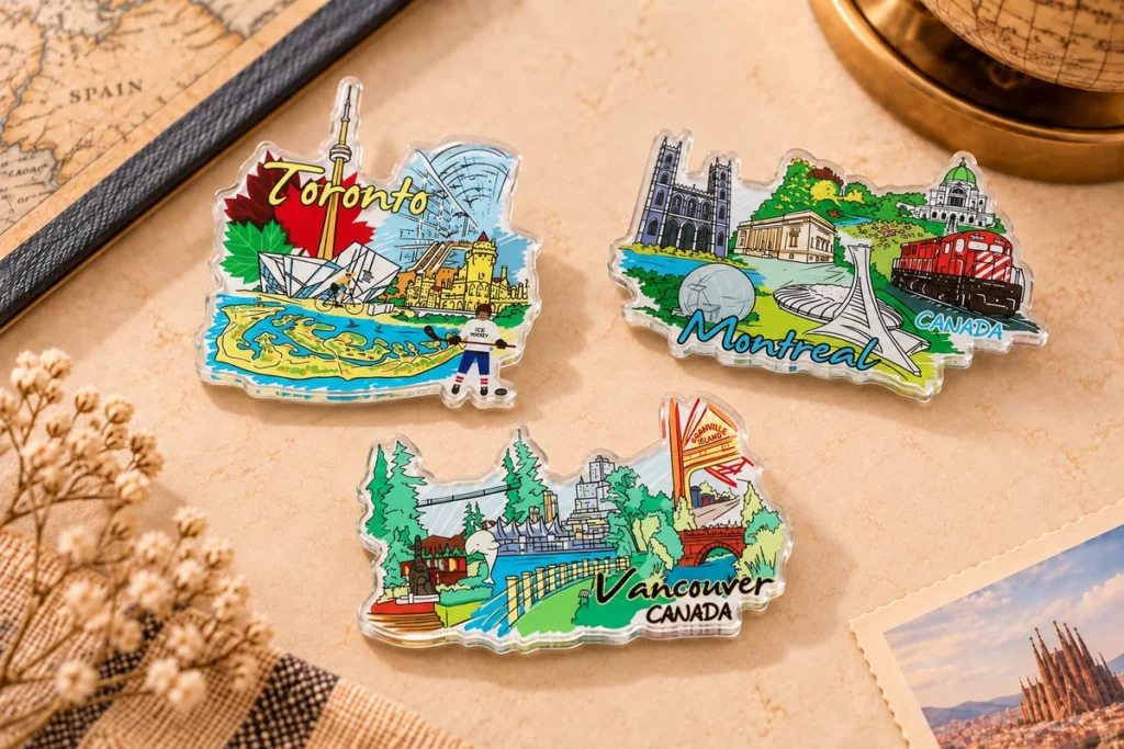 Custom acrylic fridge magnets featuring Toronto, Montreal and Vancouver