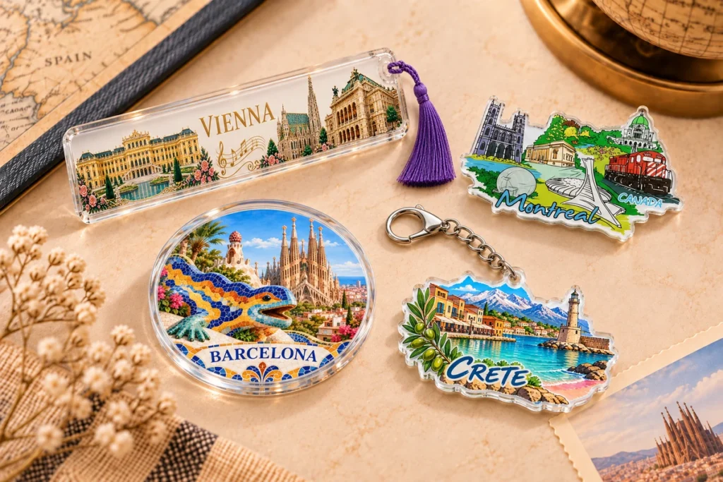 Custom acrylic printing and finishes on bookmark, magnet, coaster and keychain