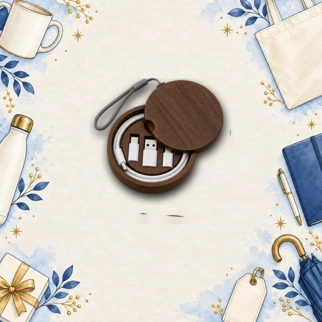 walnut cable organizer for branded technology gifts