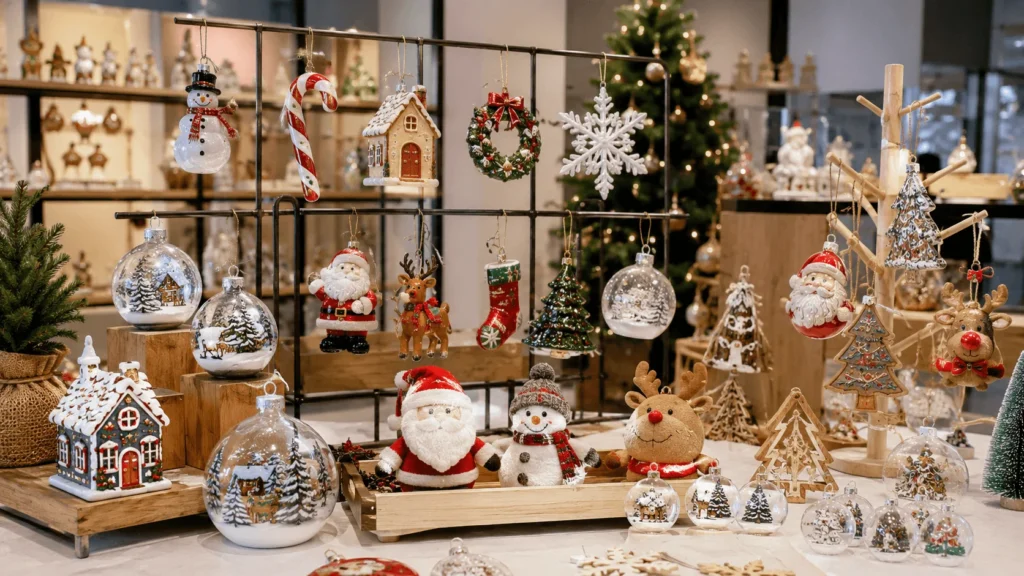 Custom Christmas decorations displayed with glass ceramic wooden and plush ornaments