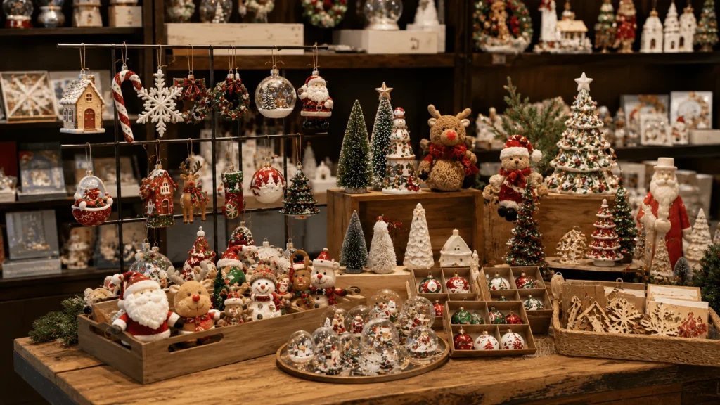 Custom Christmas ornament display ideas for gift shops seasonal retail shelves and holiday collections