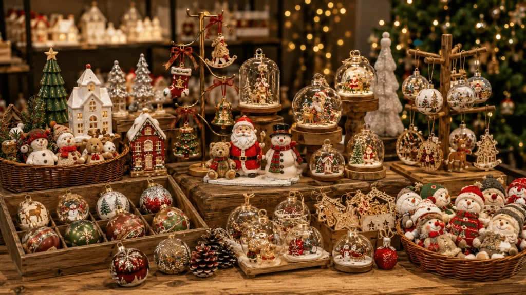 Custom Christmas ornaments for gift shops displayed with holiday decorations and souvenir products