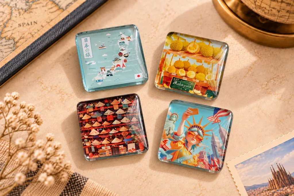Custom crystal glass fridge magnets featuring Japan, Malaysia, Vietnam and New York